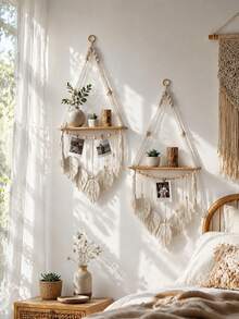1 pieza Estantería de pared colgante tejida a mano con hojas, decoración bohemia, estante flotante de madera, adecuado para baño, dormitorio, sala de estar, sin clips incluidos - Multicolor - Ver 4