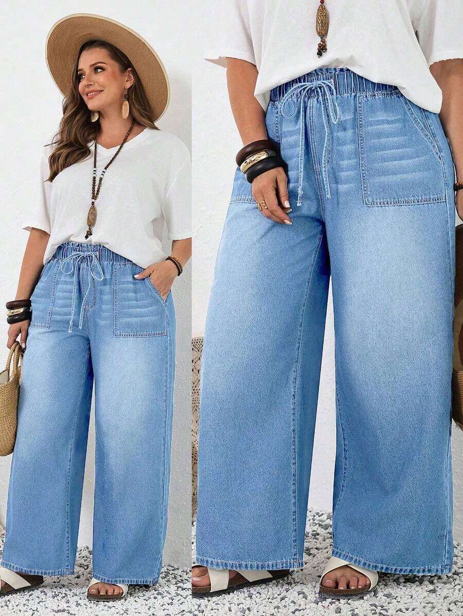 Tall CURVE Pantalones vaqueros de talla grande para mujer de primavera y verano con cintura con cordón, bolsillos, pierna ancha, sueltos, cómodos, elásticos y de tela vaquera con estiramiento - Azul lavado medio - Ver 1