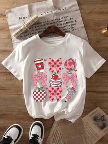 Graphic Print T-Shirt For Valentine's Day For Teachers, Short Sleeve, Round Neck, Casual Top For Summer And Spring, Women's Clothing, Breathable And Comfortable. - 白色 - 查看 10
