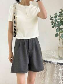 Camiseta de punto acanalado con botones delanteros lisos para verano - Blanco - Ver 6