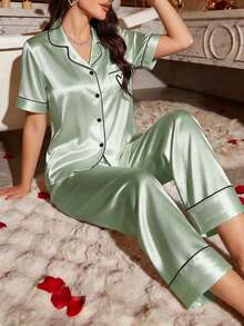 Set de 2 piezas de pijama con top de manga corta y pantalones con bordado de corazón de seda sintética - verde menta - Ver 1