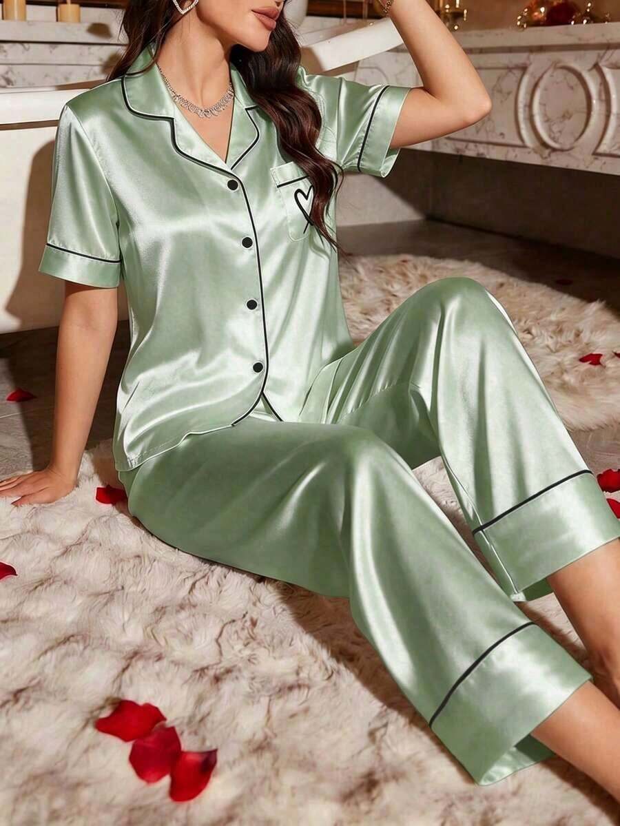 Set de 2 piezas de pijama con top de manga corta y pantalones con bordado de corazón de seda sintética - verde menta - Ver 1