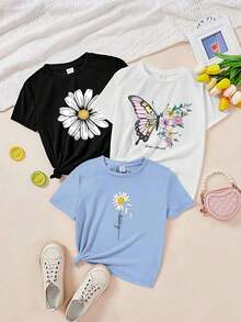 3 piezas Crop Top simple y casual para mujer con manga corta entallada, estampado de flores y mariposas, cuello redondo - Multicolor - Ver 1