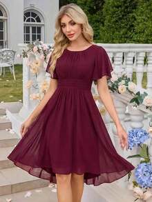 Vestido de dama de honor de gasa con pliegues y mangas con volantes, vestido de noche elegante para invitados de boda en primavera - Burdeos - Ver 1