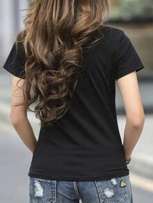 Camiseta sencilla de manga corta con estampado de color contrastante para mujer - Negro - Ver 2