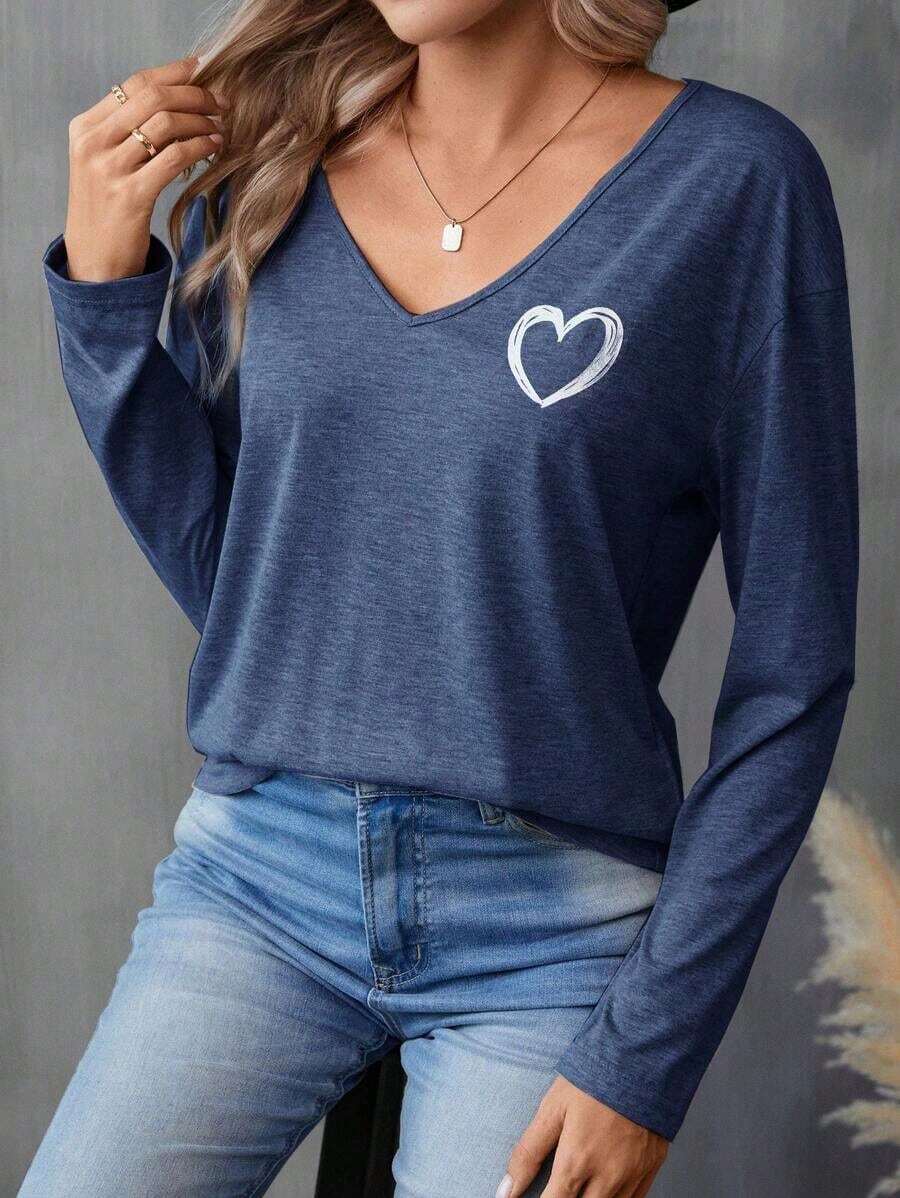 Camiseta de manga caída con estampado de corazón, informal - Azul marino - Ver 1