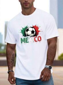 Camiseta gráfica de balón de fútbol de México para hombre - Negra con diseño de salpicaduras verdes, blancas y rojas, camiseta ligera de verano casual, cuello redondo redondo, manga corta, ajuste cómodo para ropa casual, camisetas de fútbol - Negro - Ver 1