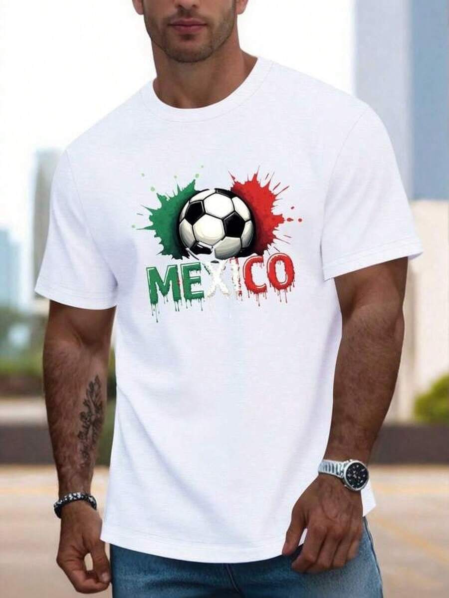 Camiseta gráfica de balón de fútbol de México para hombre - Negra con diseño de salpicaduras verdes, blancas y rojas, camiseta ligera de verano casual, cuello redondo redondo, manga corta, ajuste cómodo para ropa casual, camisetas de fútbol - Negro - Ver 1
