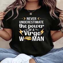 1 Piece Of 100% Cotton Cropped T-Shirt, Casual Round Neck With Print, Virgo Women's, Breathable Short Sleeve For Everyday Wear - 黑色 - 查看 2