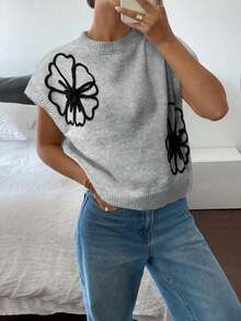 Blusa de punto de unicolor para mujer, simple y de moda, para uso diario.Blusa de punto de color gris sólido con patrón hecho a mano, con bloques de color y ribete negro, con flor 3D, para primavera.Se puede usar fuera, dentro, para uso diari - Gris - Ver 4