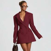 Vestido blazer de manga larga, corte ajustado, color sólido, estilo casual de otoño, diseño de bolsillos falsos en copa - Burdeos - Ver 12
