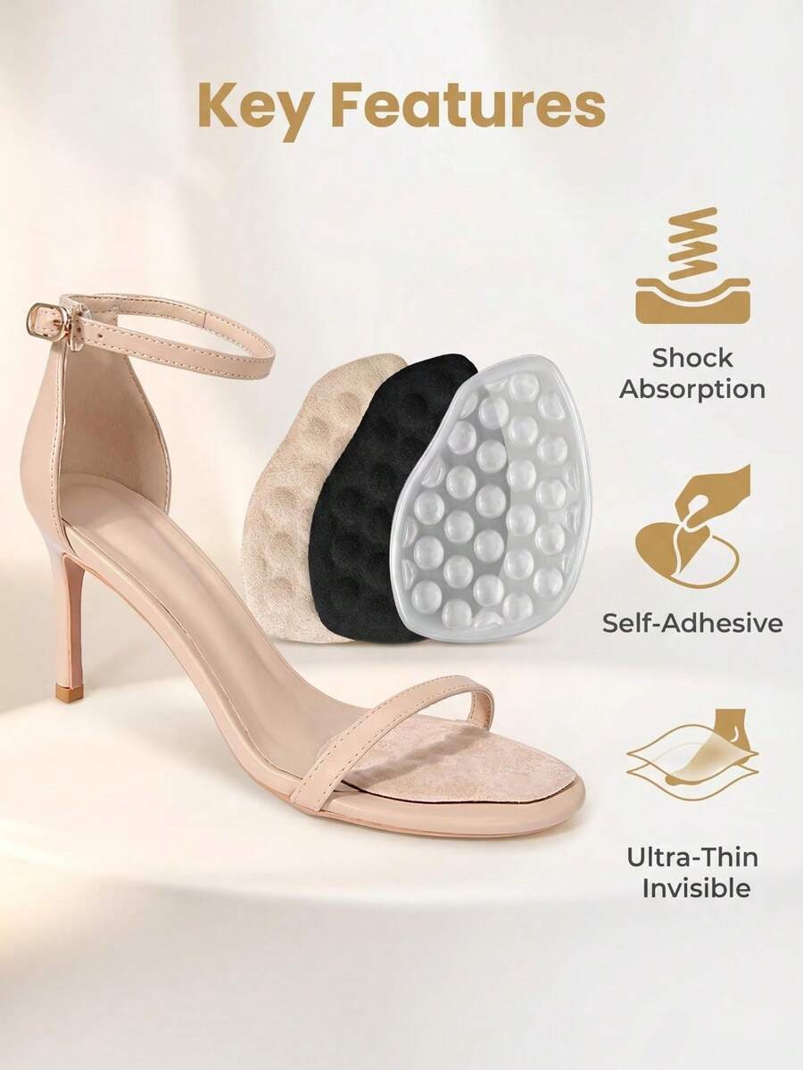 1 Pair Self-Adhesive Forefoot Cushion Pads, Ultra-Thin Invisible Shoe Inserts, Shock Absorbing Gel Pads For High Heels & Sandals - Multicolor - View 1