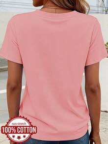 Women's Summer T-Shirt, Round Neck, Short Sleeve, 100% Cotton, Ideal For Daily Outings, Travel And Vacations, Branch And Bird Print, Casual Top, Versatile And Comfortable Fabric - 羅莎 - 查看 3