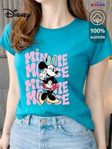 Women's T-Shirt Made Of 100% High-Quality Cotton. This T-Shirt Guarantees Exceptional Softness To The Touch, A Round Neck With A "Disney Minnie Mouse Retro Typography" Print, And Short Sleeves. - 綠松石 - 查看 1