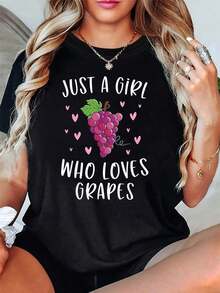 Women's Grape Theme T-Shirt - Purple Grapes And Pink Heart Graphic Design, Casual Short Sleeve, Sweet And Cute Everyday Top For Fruit Lovers In Pink And Purple Tones - 黑色 - 查看 1