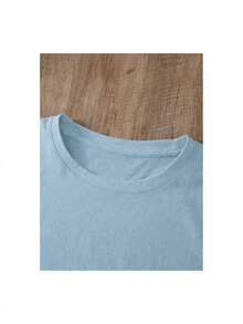 Camiseta de manga corta ajustada de verano para mujer YOCASA con cuello redondo y estampado de pintura al óleo, flores, corazones, cerezas y letras. Tela sencilla y casual, estilo deportivo, ideal para uso diario y citas de San Valentín. 1 pieza, 180g Pure Heavy, 95% poliéster 5% spandex - Azul - Ver 4