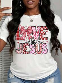 Women's "Love Like Jesus" Valentine's Day T-Shirt With Red Checkered Heart Print, Christian T-Shirt For Women, Faith-Inspired Valentine's Day Gift, Urban Vintage Style, Unisex, Cotton, Short Sleeve, Crew Neck, 100% Cotton - 白色 - 查看 3