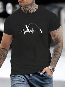 Camiseta de manga corta de ajuste regular para hombres con impresión personalizada de EKG y pesca, ropa deportiva casual y elegante para exteriores, adecuada como regalo para esposo o novio, estilo de los años 2000 - Negro - Ver 3