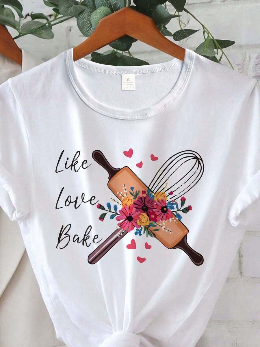 Soft, Breathable, And Lightweight For All-Day Comfort. Stylish Women's Polyester T-Shirt With A "Love Baking" Print, Crew Neck, Short Sleeves, Casual Style, Knit Fabric Top For Summer And Spring, 95% Polyester, 5% Spandex, Regular Length. Classic Crew Neck With A Relaxed Fit That Flatters All Body Types And Is Easy To Pair With Jeans, Shorts, And Leggings. - 白色 - 查看 1