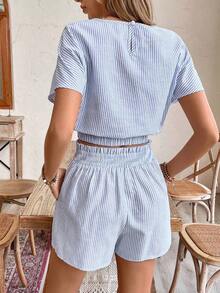 Frenchy Conjunto de top corto con mangas murciélago y shorts con estampado de rayas para verano - Amarillo - Ver 8