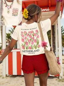 Women's Short-Sleeved T-Shirt With A Tulip Print From The Flower Market, Round Neck, Regular Length, High-Stretch Fabric, Casual Summer-Vintage Style, Urban Style, Unisex, Loose Fit, Cotton Blouses For Women. Casual Blouses For Ladies. - 杏色 - 查看 4