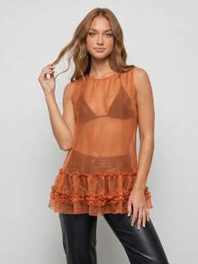 Women Sheer Tank Tops Summer Layered Ruffle Sleeveless Shirt Basic Vest Aesthetic Clothes For Streetwear - Orange - View 4