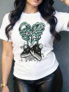 Women's Graphic Tees: Women's T-Shirt With An Urban Graphic Print, A Modern And Artistic Design Inspired By Sneakers, Ideal For A Casual And Comfortable Style With An Original Touch. Perfect For Everyday Wear And To Combine With Your Favorite Jeans, Soft To The Touch And High Quality. 100% Cotton. - 白色 - 查看 6