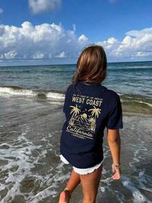 Women's Short-Sleeved T-Shirt With A Round Neck, Casual, Minimalist, And Versatile Style, Featuring A Palm Tree Print And Slogan, Suitable For Everyday Wear. Printed T-Shirt, Vacation. Summer - 海軍 - 查看 6