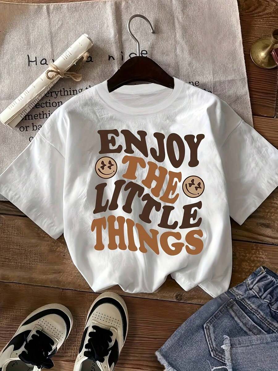 2026Camiseta Gráfica Retro para Mujer - Estampado de Cara Alegre "ENJOY THE LITTLE THINGS", Top Casual de Manga Corta y Cuello Redondo, Tejido Semitransparente y Transpirable, Camiseta Lavable a Máquina para Verano y Primavera, Camisetas para Damas, Camis - Blanco - Ver 1