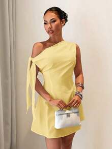 Vestido mini de mujer de línea A con un hombro, cintura con lazo y ajuste elegante, ideal para uso diario, vacaciones, viajes, citas, temporada de bodas, invitada de boda, playa, estilo occidental, nómada, casual, uso en el aeropuerto, brunch, re - Amarillo claro - Ver 6
