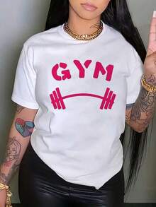 Simple And Versatile Design, Women's T-Shirt, High-Quality Breathable Fabric | Loose-Fitting Short-Sleeve T-Shirt For Women In Black And White With A Fitness Text Print And Barbell Design. | Machine Washable | Casual Crew Neck Athletic T-Shirt | Comfortable And Stylish | Pure Cotton T-Shirt - 白色 - 查看 6