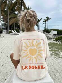 1 Piece [Double-Sided Print] Women's Spring/Summer T-Shirt, Casual Beach Style, Bohemian Style, Sun Heart LE SOLEIL Print, Round Neck, Short Sleeve, 100% Cotton, Loose Fit With Drop Shoulders [Chu K] 100% Cotton - 杏色 - 查看 4