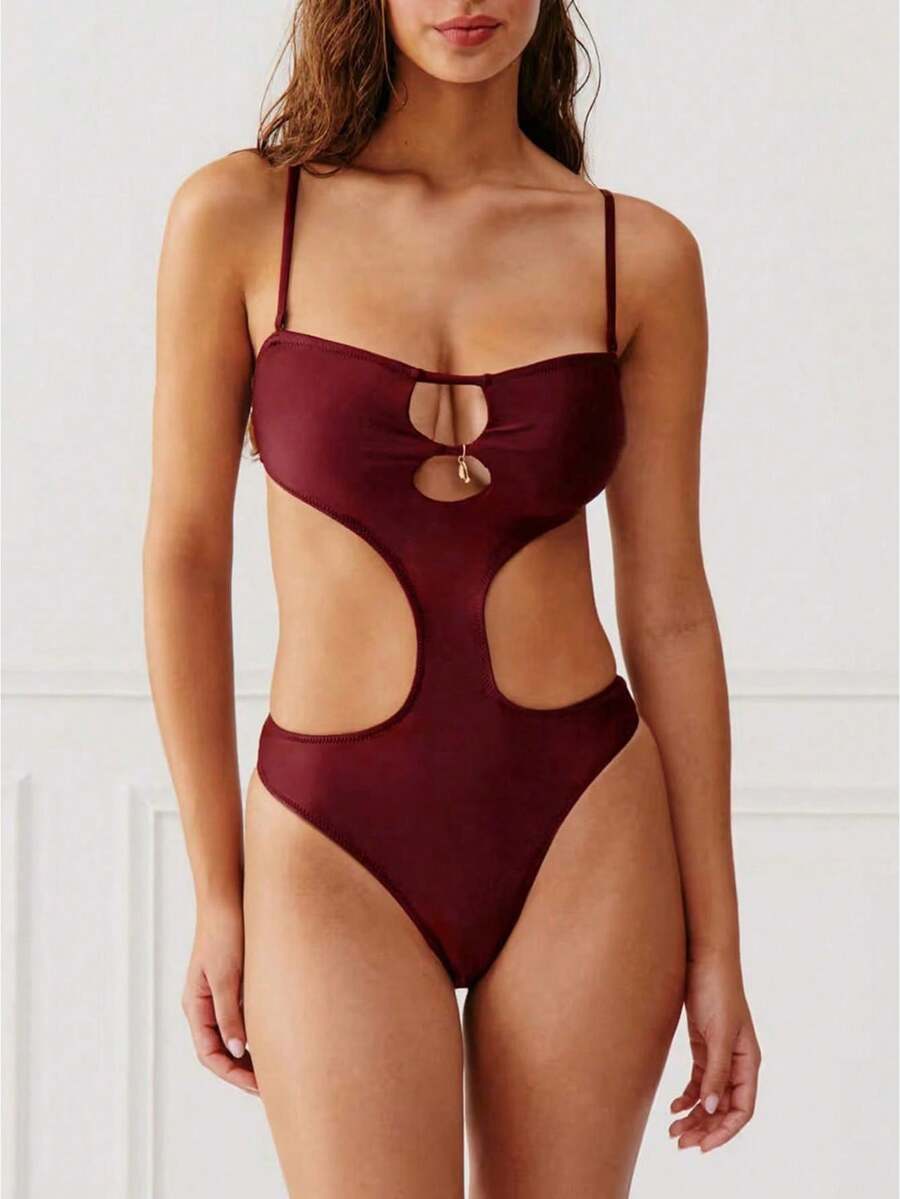 Women's Sexy One Piece Swimsuit Ruched Cut Out Swimwear Bathing Suit - Burgundy - View 1