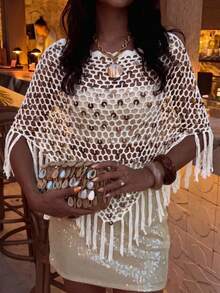 Khăn choàng nữ kiểu Boho móc len bóng bẩy, viền tua rua đính sequin, thích hợp cho mùa xuân/hè, đi biển, tiệc bể bơi, lễ hội âm nhạc. - trắng - Xem 1