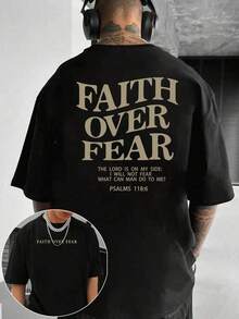 Men's T-Shirt FAITH OVER FEAR - Psalm 118:6, Short Sleeve, Loose Fit, 100% Cotton, Unisex, Summer - 黑色 - 查看 8