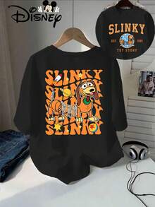 Talla grande, ropa de verano auténtica de Disney para mujeres con el personaje Slinky Dog de Toy Story, con estampado de dibujos animados, incluyendo el texto "SLINKY", establecido en 1995 y el logotipo de TOY STORY - Nueva camiseta de manga corta de verano para mujer, camiseta estampada casual y de moda - Negro - Ver 1