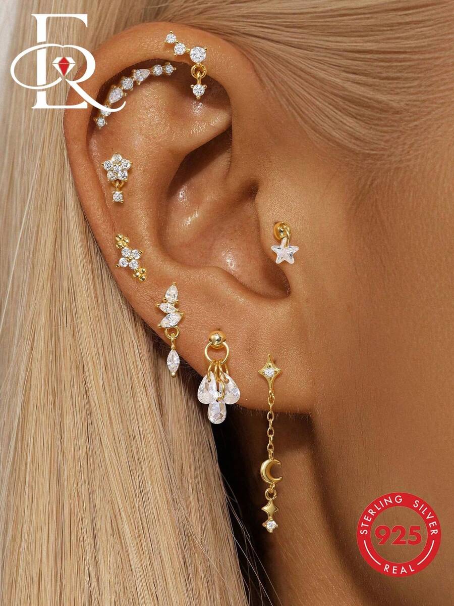 1pc 925 Sterling Silver Flower, Teardrop, Star & Moon Stud Earrings, Suitable For Daily Wear, Wedding, Party, Engagement, Anniversary, Valentine's Day