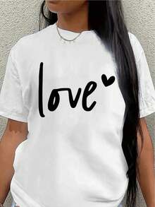 Camiseta de manga corta de poliéster con estampado de corazones, ropa casual, ligera y duradera, adecuada para atuendos diarios, el hogar, cafeterías o actividades al aire libre, suave y cómoda, con diseño de letras.blusa casual mujer - Blanco - Ver 1