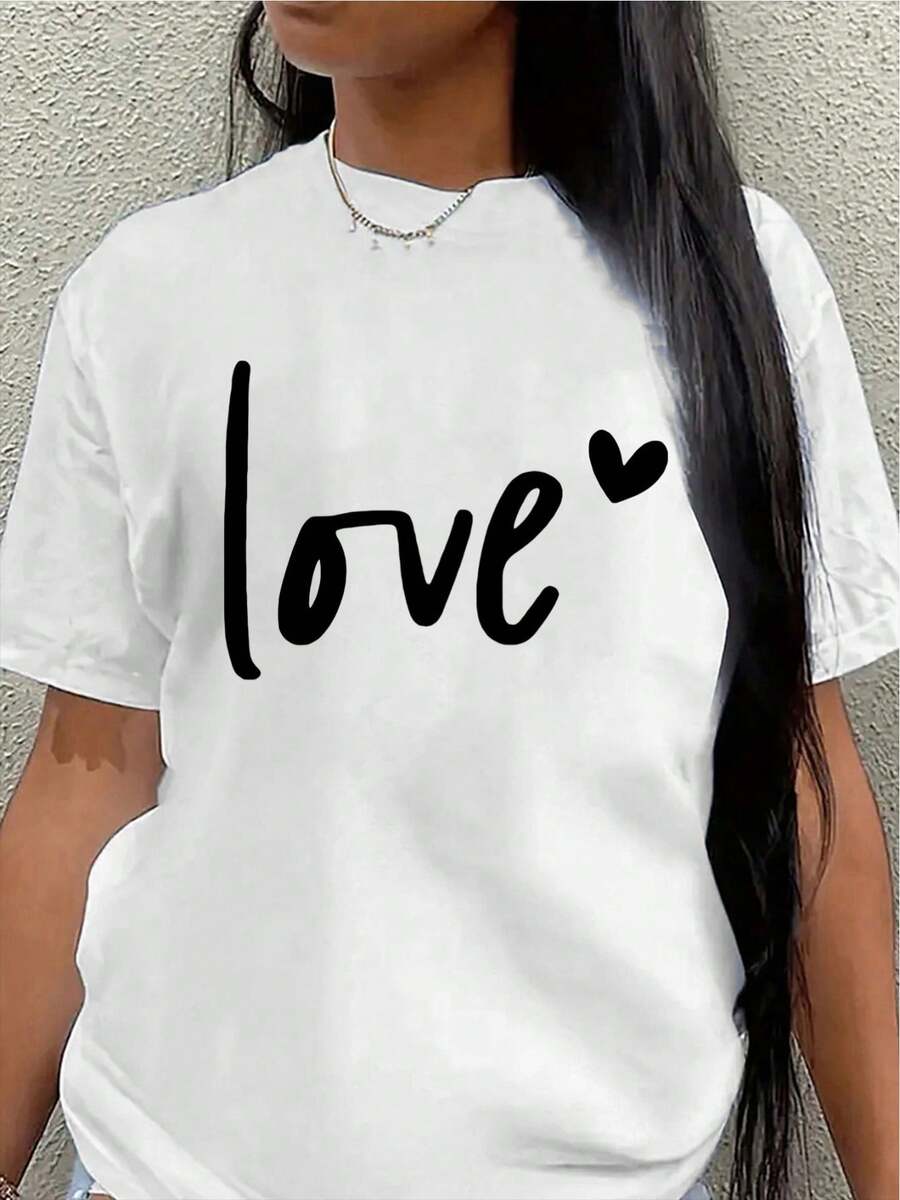 Camiseta de manga corta de poliéster con estampado de corazones, ropa casual, ligera y duradera, adecuada para atuendos diarios, el hogar, cafeterías o actividades al aire libre, suave y cómoda, con diseño de letras.blusa casual mujer - Blanco - Ver 1