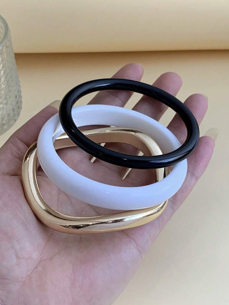 LADYCOCO 3件組復古厚款壓克力樹脂手環，附金色環飾，適合女性派對與日常穿著