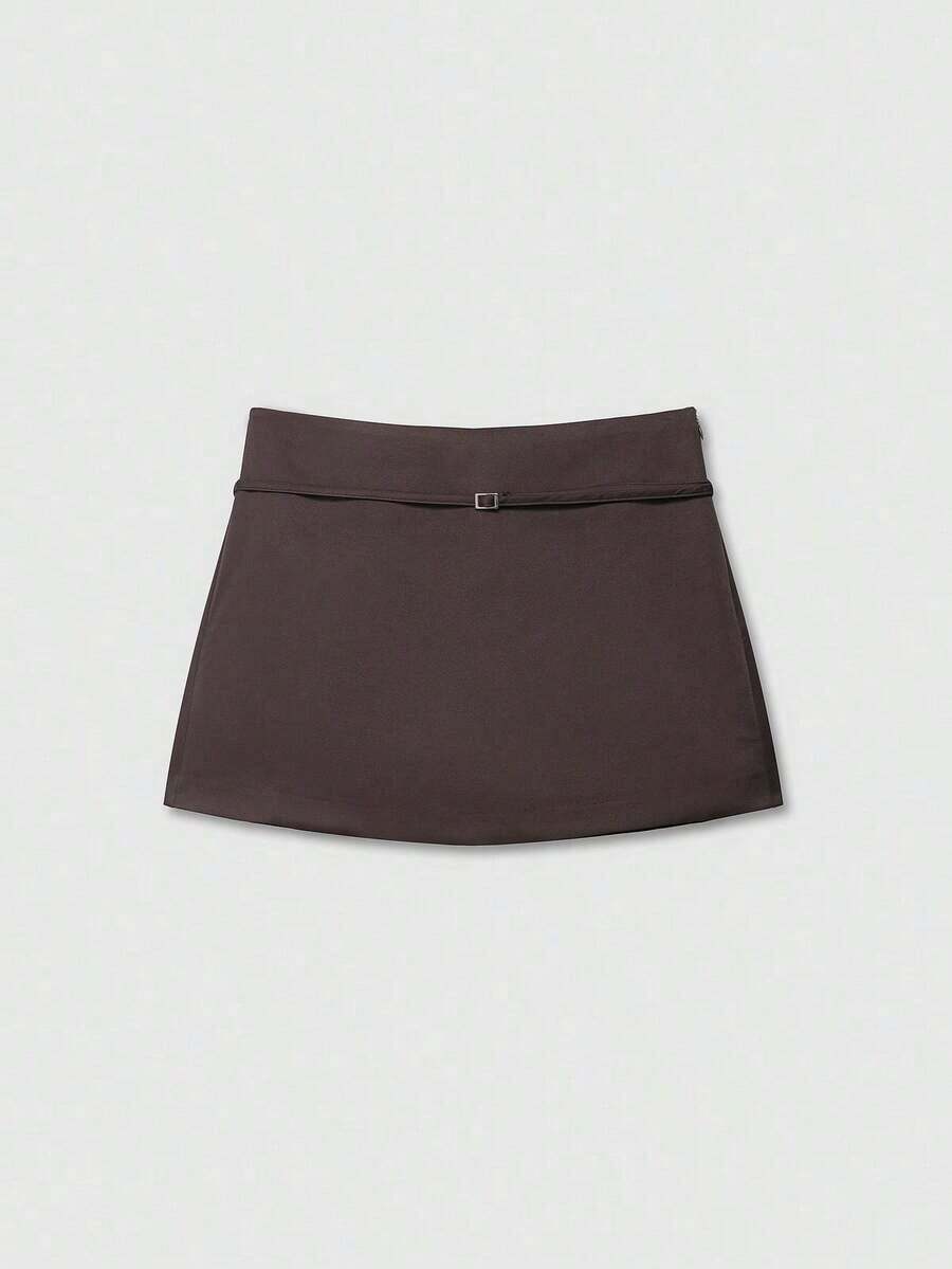 Falda pantalón de cintura con cremallera de unicolor para mujer, de verano - Marrón - Ver 1