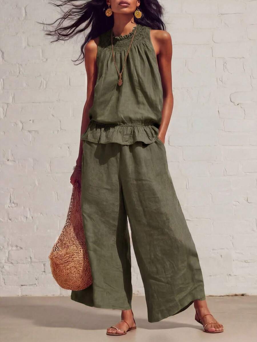 Nuevo conjunto de dos piezas de lino y algodón de estilo bohemio retro con volantes - Verde militar - Ver 1