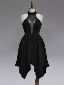 ROMWE Goth Vestido asimétrico con escote en V profundo, parches de malla y hombros descubiertos, estilo gótico - Negro - Ver 6