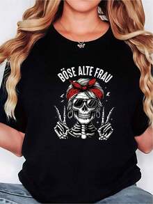 Women's Plus Size Short Sleeve Casual T-Shirt - Black Nervous Skeleton Graphic With Red Bandana And Peace Signs, Slightly Elastic Crew Neck, Machine Washable Spring Summer Top, Women's T-Shirts - 黑色 - 查看 5