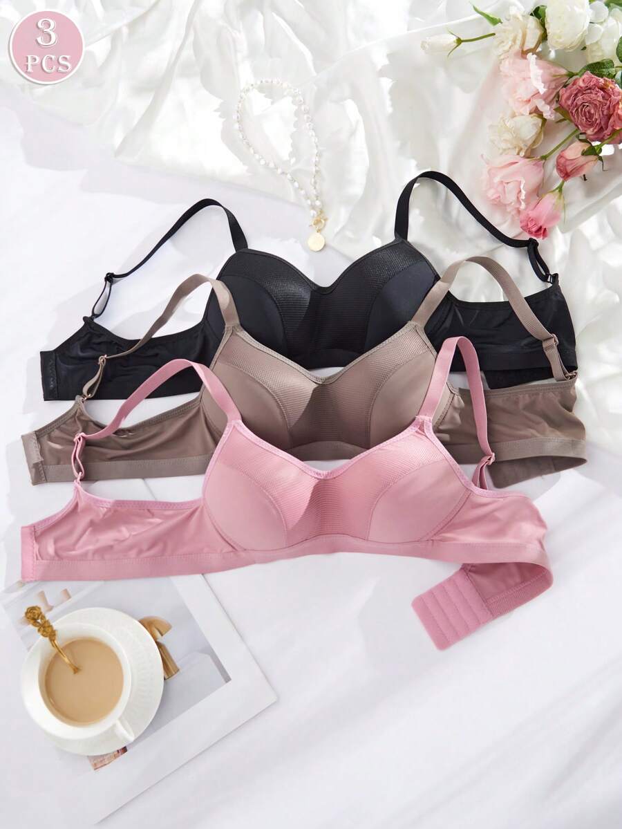 3pcs/Set Women's Comfortable Sleep Wireless Soft Cup Small Bust Solid Color Bra - Multicolor - View 1
