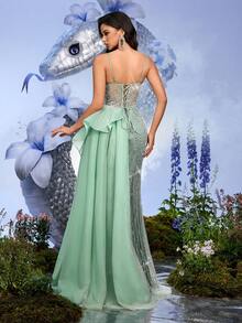 LUVISTRUE Gaun Malam Formal Panjang Tanpa Lengan Model Duyung untuk Wanita, Gaun Pesta dengan Tali Bahu Tipis dan Desain Bahu Terbuka untuk Pernikahan Musim Gugur - Mint Green - View 3