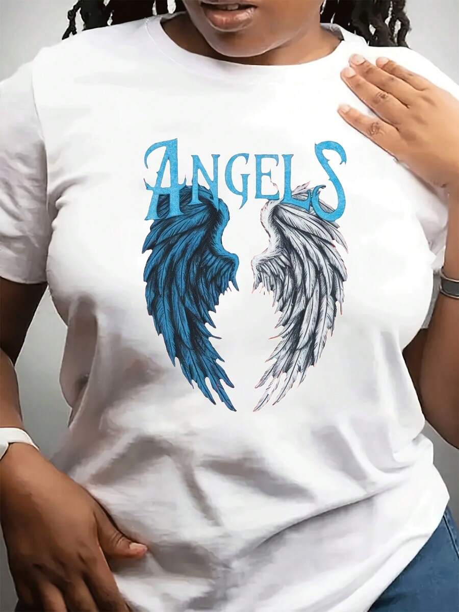 Suave,transpirableyligeroparatodo el díaCamiseta cómoda de talla grande para mujer con estampado de alas de ángel-Blanco con letras azules y rojas, tela suave y transpirable, camiseta casual de cuello redondo, adecuada para uso diario, eventos temáticos y una excelente opción de regalo.-Cómoda para todas las estaciones, lavable a máquina (para mujeres a la moda), ropa de casa, camisa estampada ligera, estilo moderno, material cómodo, imprescindible para los entusiastas de la moda. Clásica.tripulacióncuelloconarelajadoajusteesofavorecetodoscuerpoformasyfácilaparconjeans,pantalones cortosyleggings. - Blanco - Ver 1