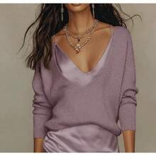Women's Knit Sweater And Satin Slip Dress Two-Piece Set With V-Neck - 紫色套裝 - 查看 4
