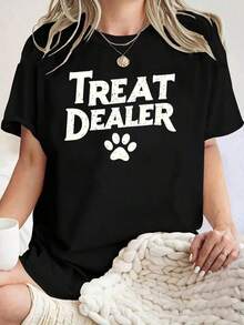Camiseta de Mujer con Estampado de Letras "TREAT DEALER", Manga Corta, Cuello Redondo, Top Casual de Verano, Tejido de Punto Ligeramente Elástico, Corte Regular, Color Negro - Negro - Ver 7