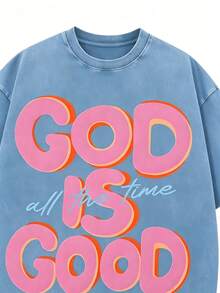 Men's God Is Good Distressed Graphic Tee, Oversized Crew Neck Short Sleeve Vintage Wash T-Shirt, Unisex Boyfriend Fit - 淺藍色 - 查看 4
